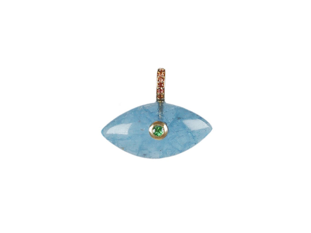 14k Aquamarine Lucky Eye Charm with Bezel Set Tsavorite