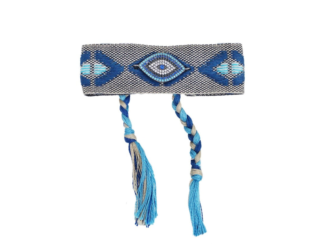 Blue and Gray Woven Bracelet with Bejeweled Evil Eye