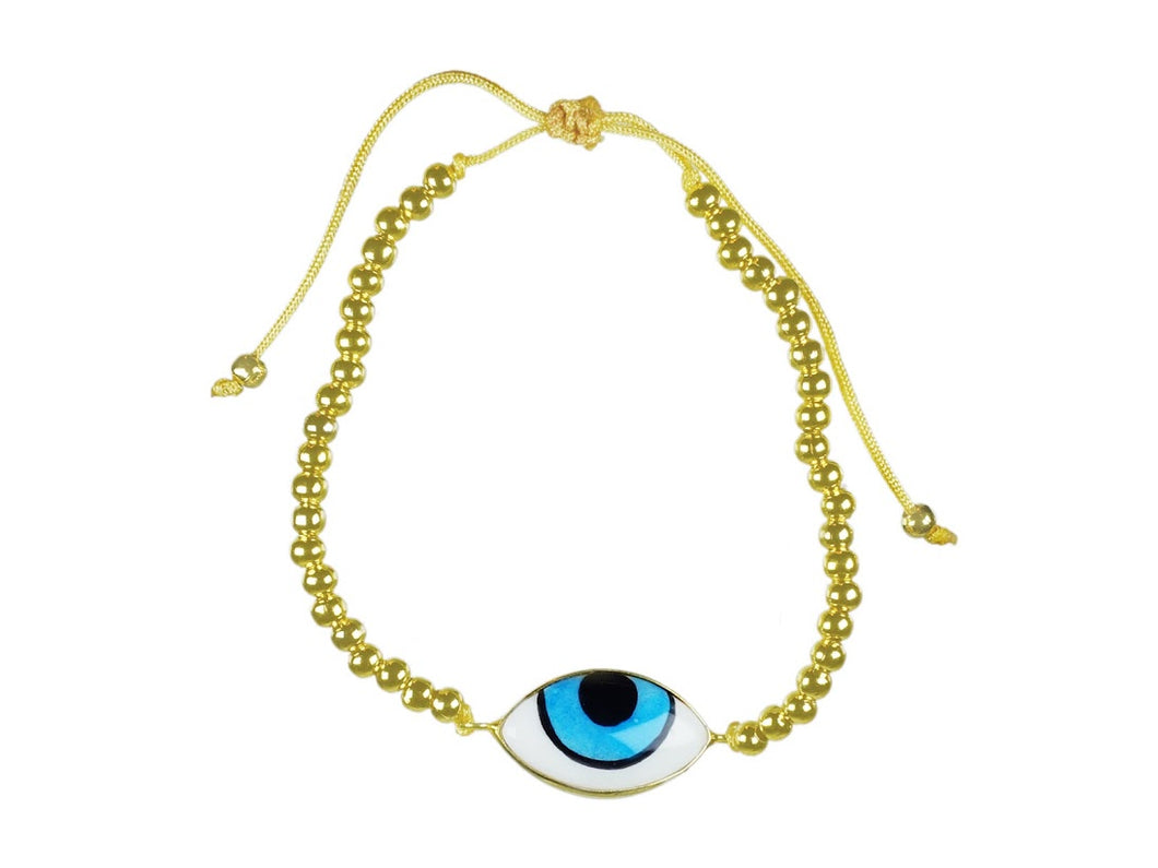 Handpainted Ceramic Bracelet with Blue Evil Eye on Gold Balls