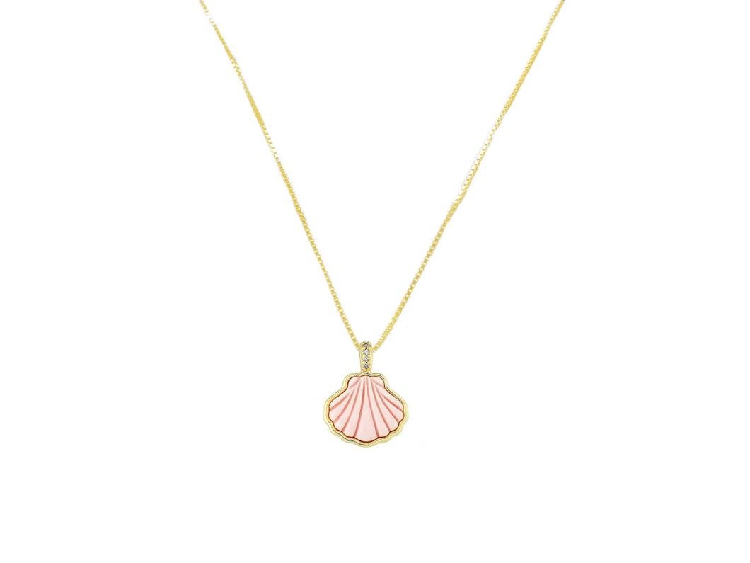 Pink Coral Scallop Charm Necklace with CZs