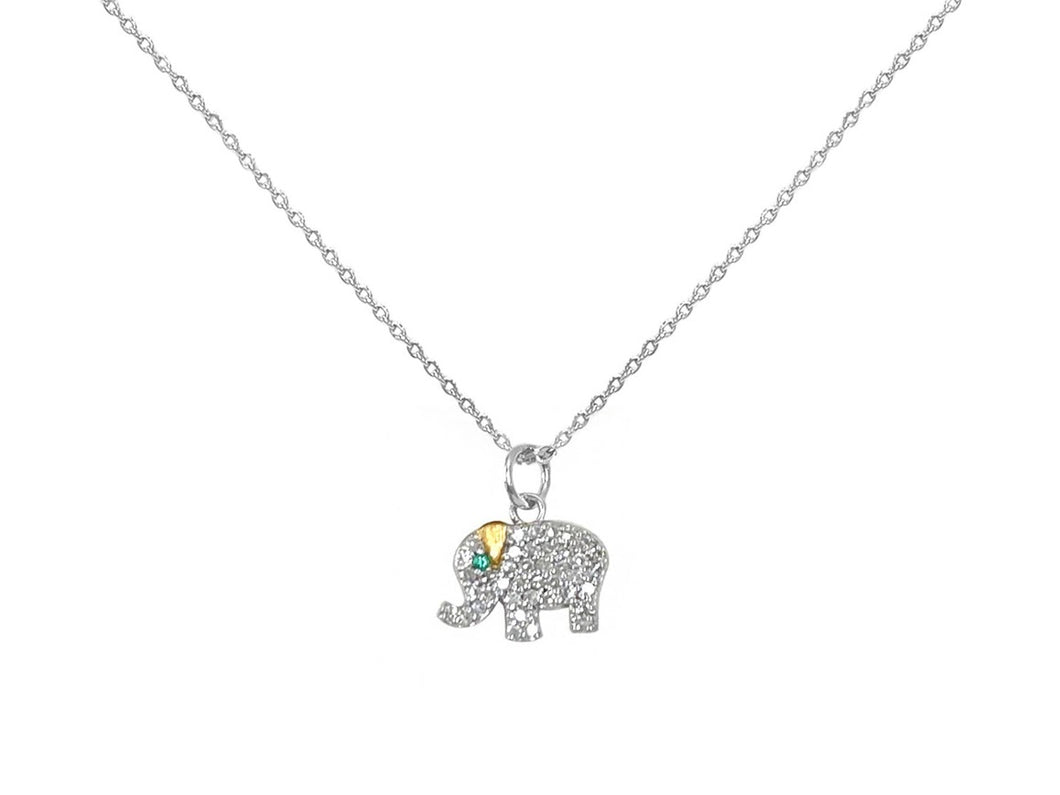 SS and Diamond Elephant Necklace with Emerald Eye
