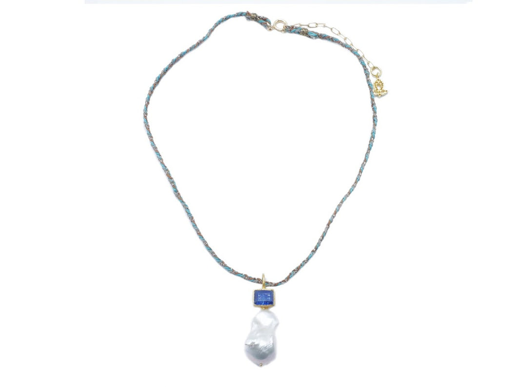 Freshwater Pearl with Sapphire on Silk Cord Necklace