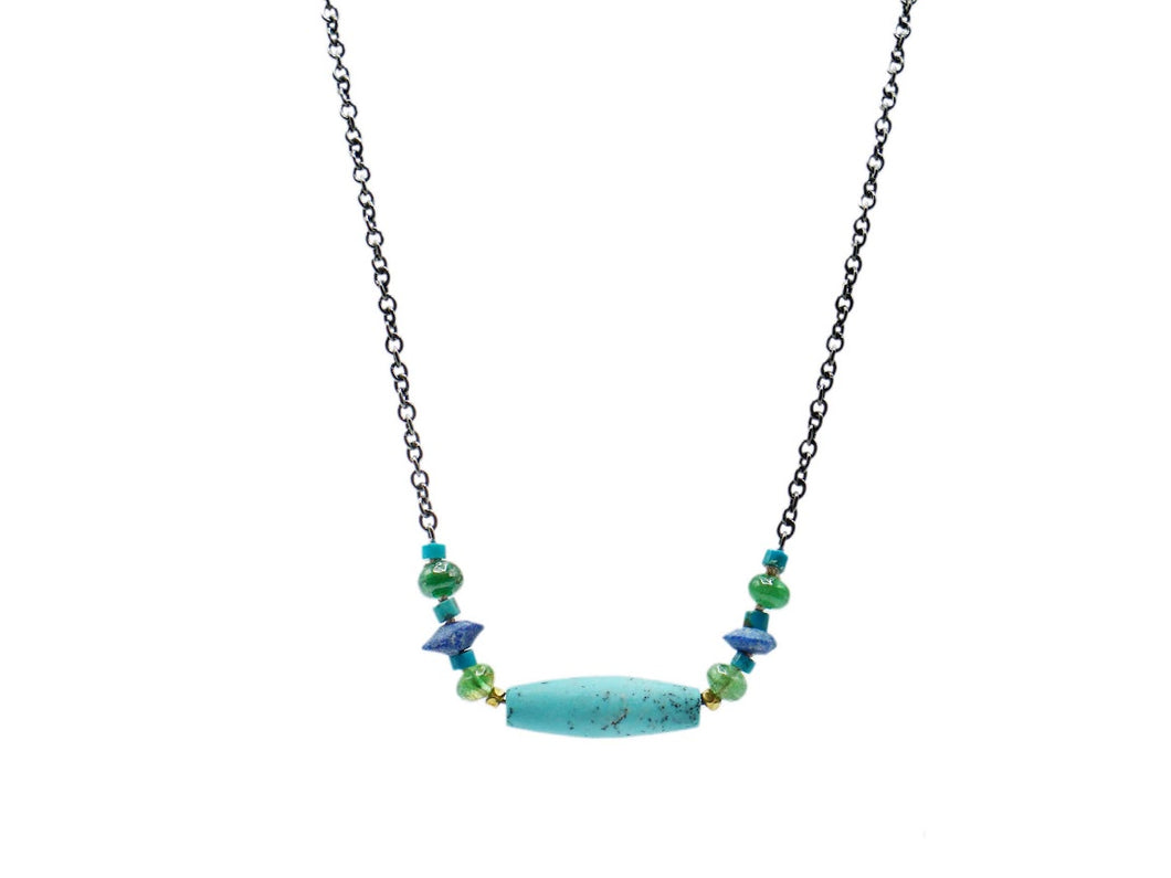 SS Chain Necklace with Turquoise, Tsavorite, and Lapis