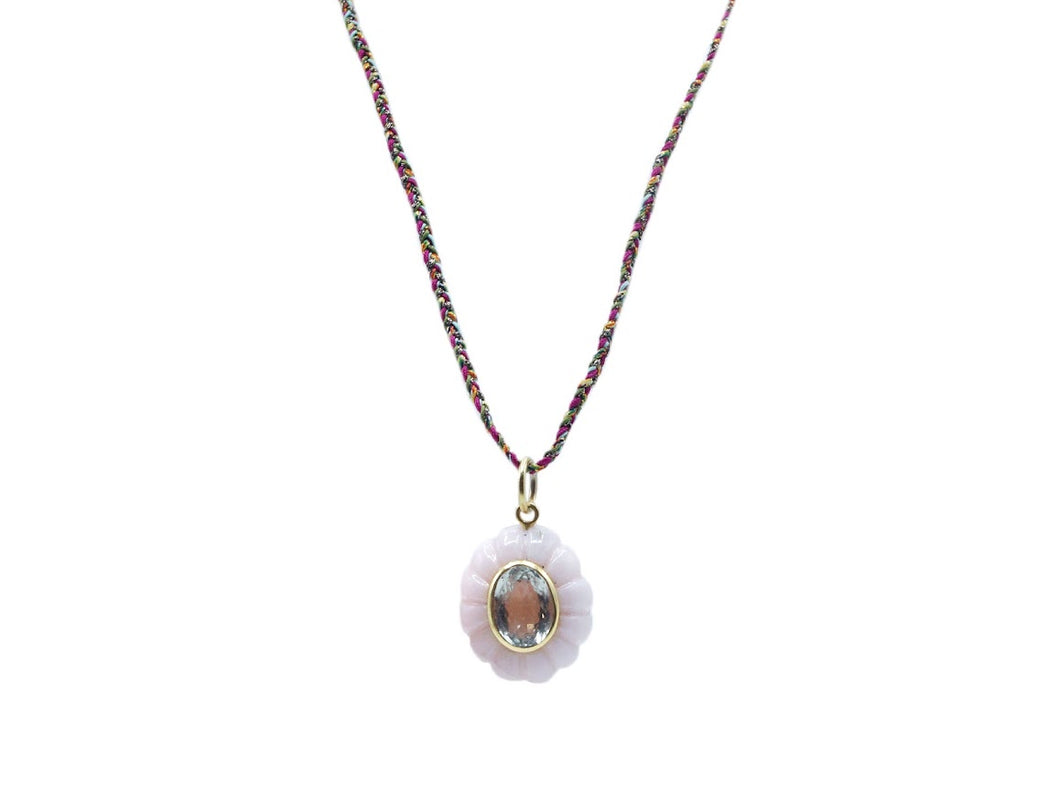 14k Carved Pink Opal with Green Amethyst Pendant Necklace