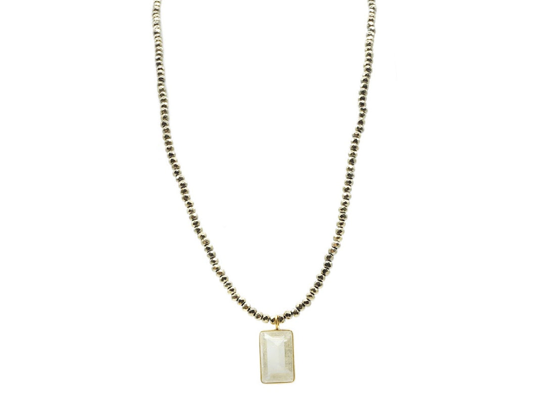 Hematite Strand Necklace with Rutilated Quartz Drop