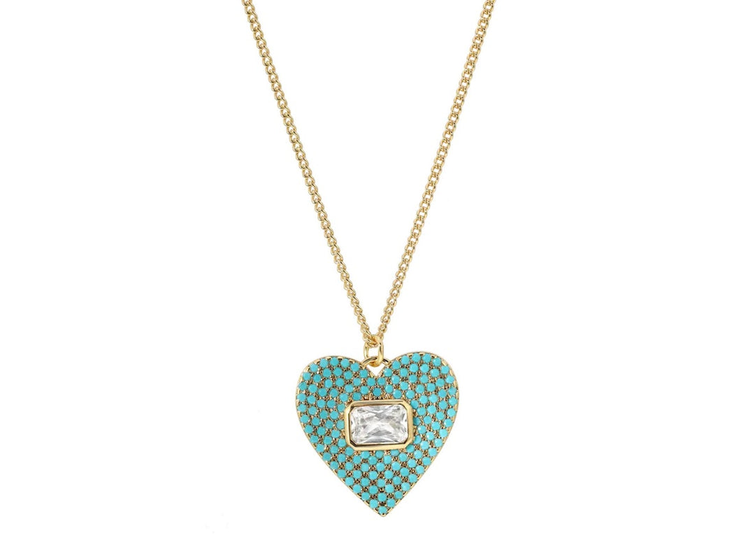 Turquoise and Clear CZ Heart Pendant Necklace