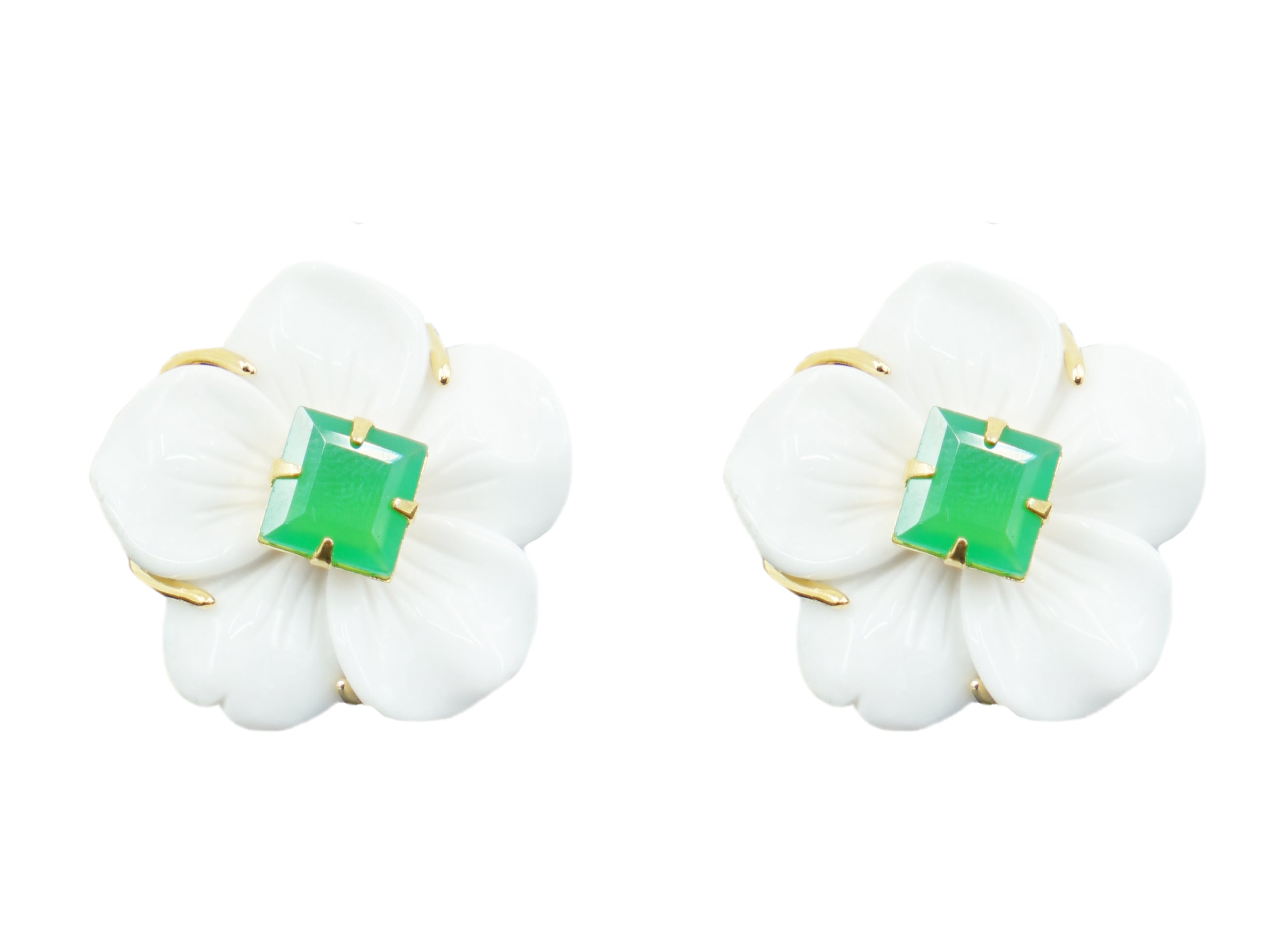 White Agate and Chrysoprase Flower Earrings