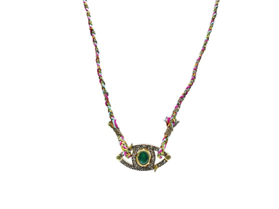 Hand-Braided Silk Necklace with Emerald and Pave Diamonds