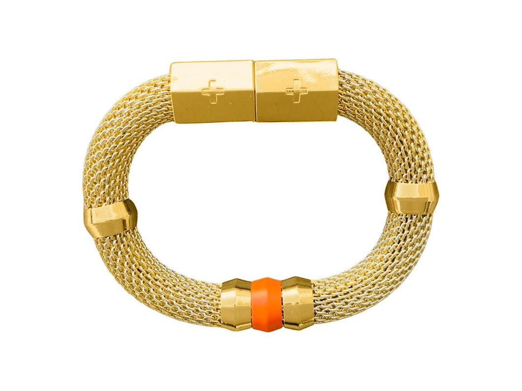 Gold Mesh Candy Bracelet with Orange Enamel