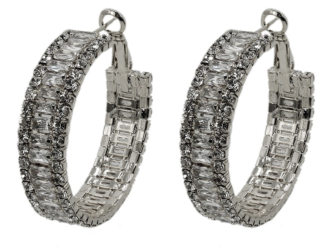Silver Baguette and Round CZ Hoops