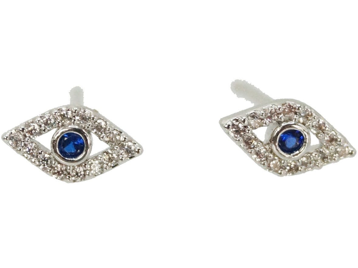 Silver CZ and Blue CZ Evil Eye Earrings